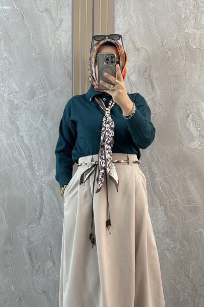 FULARLI TRİKO TUNİK Petrol Mavisi