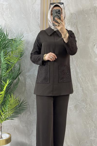 KOLLARI FİLELİ PULLU TAKIM Kahverengi