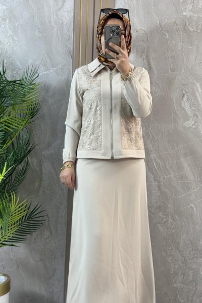 ÖNÜ GÜPÜRLÜ FERMUARLI ETEKLİ TAKIM Bej