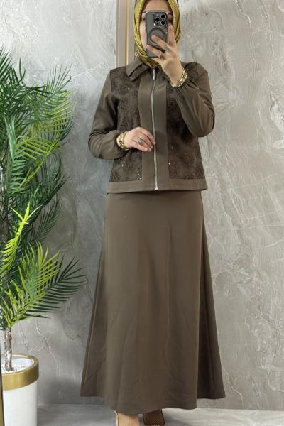 ÖNÜ GÜPÜRLÜ FERMUARLI ETEKLİ TAKIM Haki