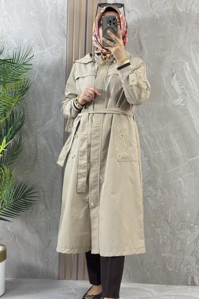 KAPŞONLU TRENC KUMAŞ KAP Bej