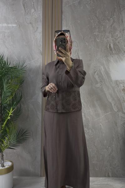 GÜPÜRLÜ ETEKLİ TAKIM Kahverengi