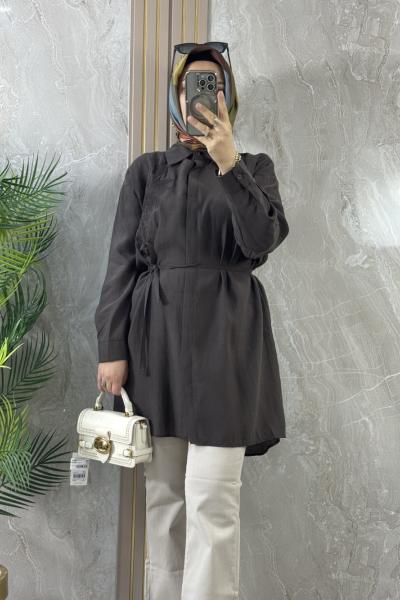 TENCEL GÖMLEK TUNİK NAKIŞLI Kahverengi