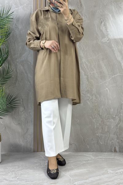 TENCEL GÖMLEK TUNİK NAKIŞLI Bej