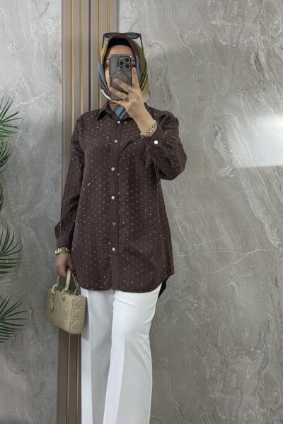 TENCEL TAŞLI GÖMLEK TUNİK Kahverengi