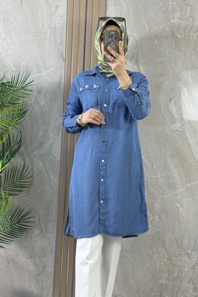 TENCEL CEPLİ GÖMLEK TUNİK Mavi