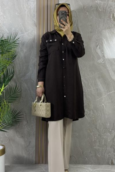 TENCEL CEPLİ GÖMLEK TUNİK Acı Kahve