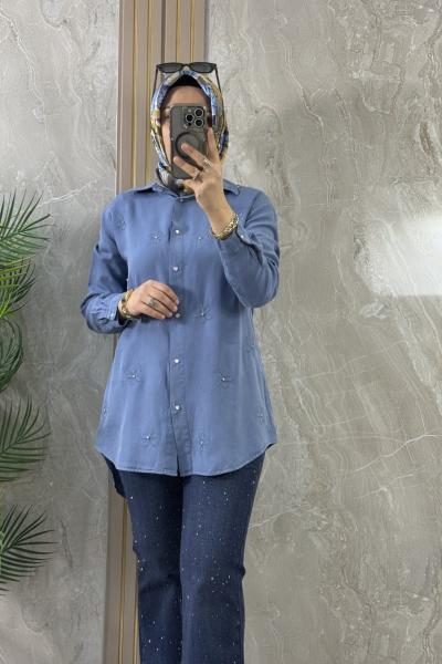 TENCEL DESENLİ GÖMLEK TUNİK Mavi
