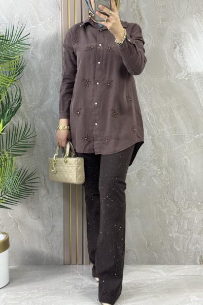 TENCEL DESENLİ GÖMLEK TUNİK Kahverengi
