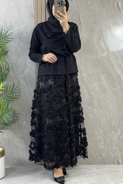 ŞIK ETEĞİ GÜL LÜ TAKIM Siyah