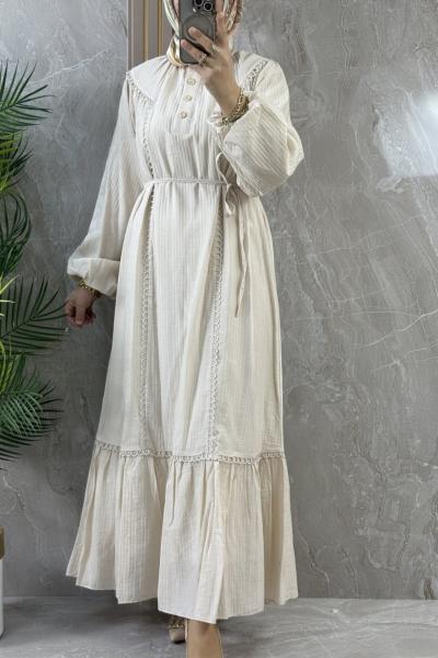 GOFRE KUMAŞ GÜPÜRLÜ ASTARLI ELBİSE Bej