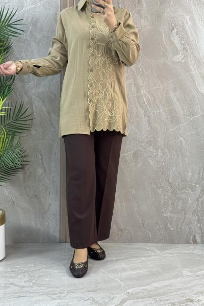 FIRFIR DESEN NAKIŞ İŞLEMELİ GÖMLEK OLİVE