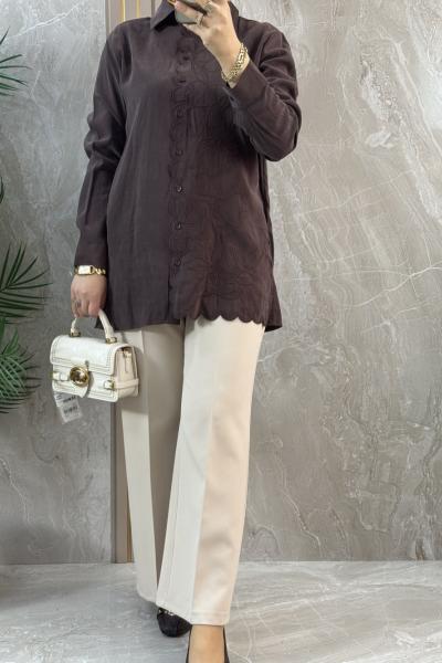 FIRFIR DESEN NAKIŞ İŞLEMELİ GÖMLEK Kahverengi