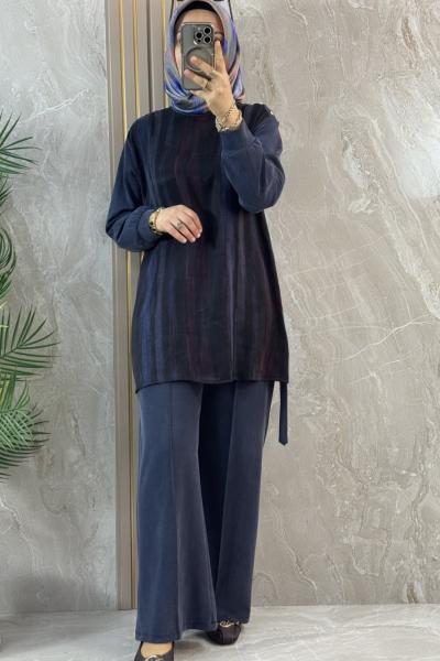 ÖNÜ KUPRA DETAYLI TENCEL TAKIM Lacivert