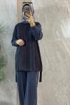 ÖNÜ KUPRA DETAYLI TENCEL TAKIM Lacivert