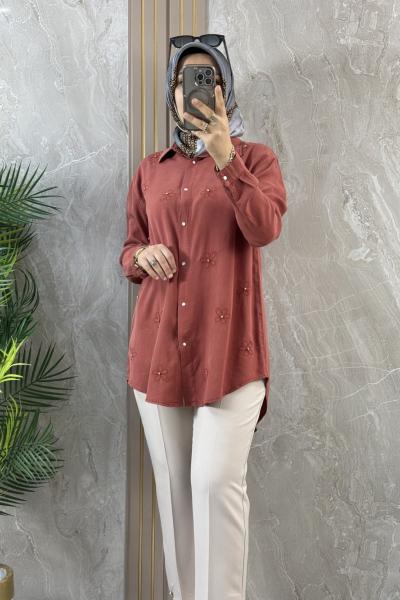TENCEL ÇİÇEKLİ GÖMLEK  Kiremit