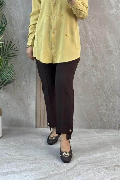 PAÇA DÜĞMELİ ESTETİK KUMAŞ PANTOLON Acı Kahve