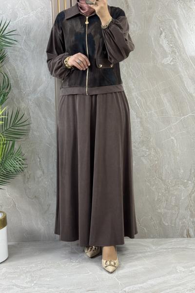 ÖNÜ CUPRA DETAYLI TENCEL ETEKLİ TAKIM Kahverengi