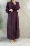 KADİFE YAKMALI TÜL ELBİSE ASTARLI Bordo