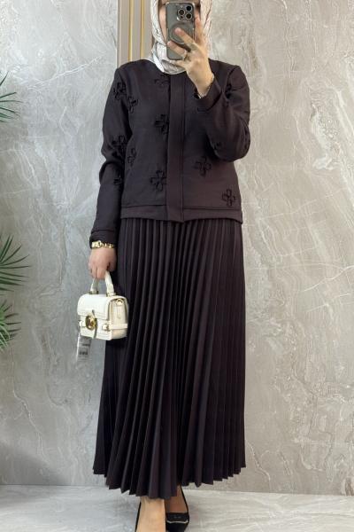 PİLİSELİ ÇİÇEK DESENLİ ETEKLİ TAKIM Acı Kahve