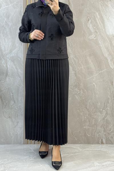 PİLİSELİ ÇİÇEK DESENLİ ETEKLİ TAKIM Siyah