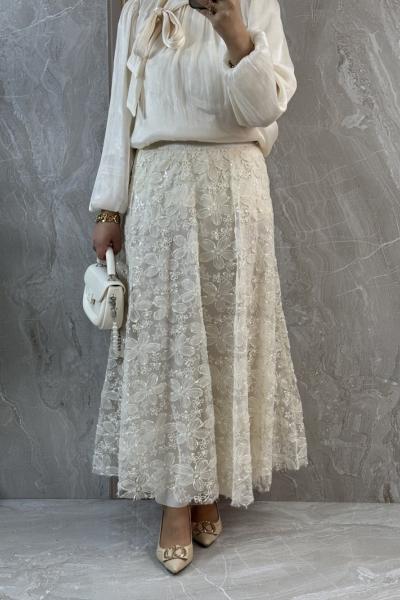 ETEĞİ ÇİCEK DESENLİ ŞIK ETEKLİ TAKIM Bej