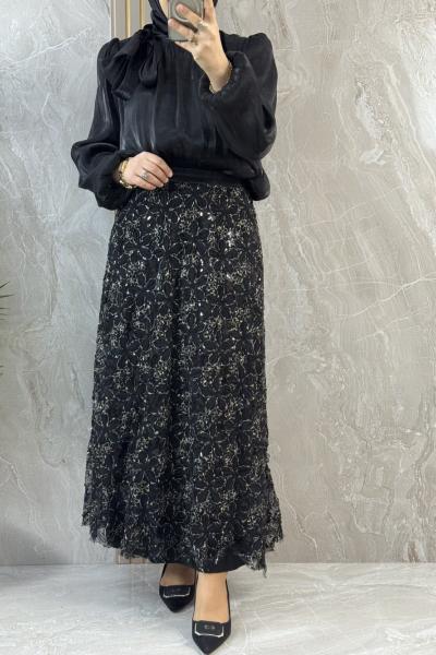 ETEĞİ ÇİCEK DESENLİ ŞIK ETEKLİ TAKIM Siyah