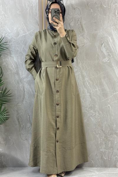 DÜĞMELİ KEMERLİ ELBİSE  Haki