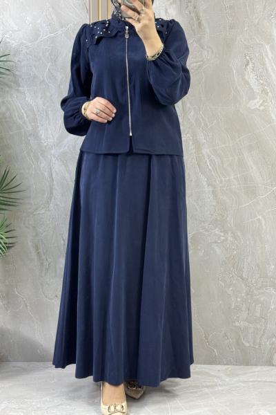 TENCEL OMUZU TAŞLI ETEKLİ TAKIM Lacivert