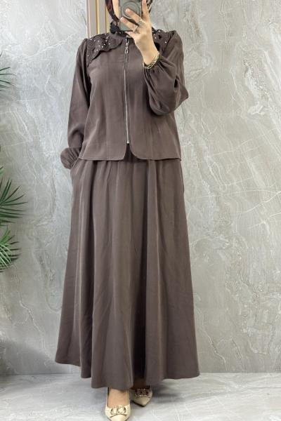 TENCEL OMUZU TAŞLI ETEKLİ TAKIM Kahverengi