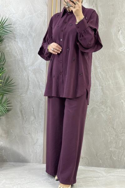 İŞLEMELİ KOLU FIRFIRLI TAKIM Bordo