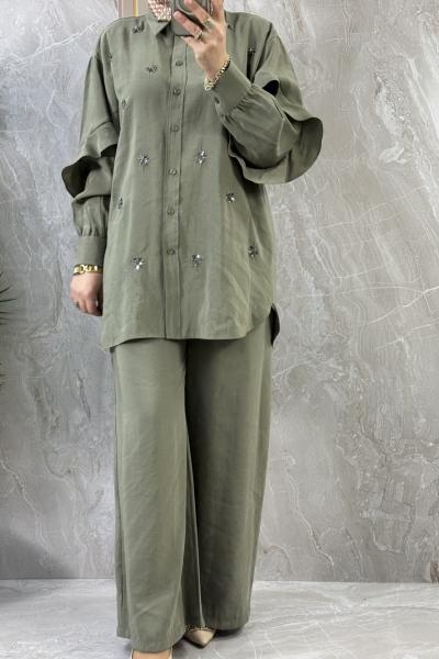 İŞLEMELİ KOLU FIRFIRLI TAKIM Haki