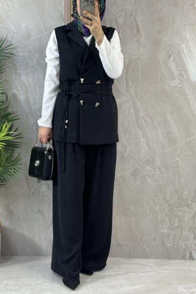 KRUVEZE KAPAMALI YELEKLİ TAKIM Siyah