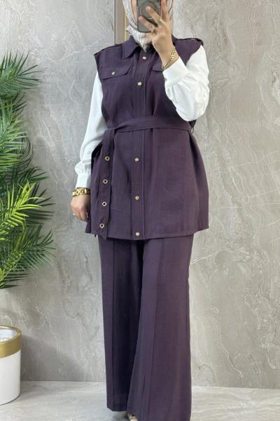 YELEKLİ ÜÇLÜ TAKIM Mürdüm