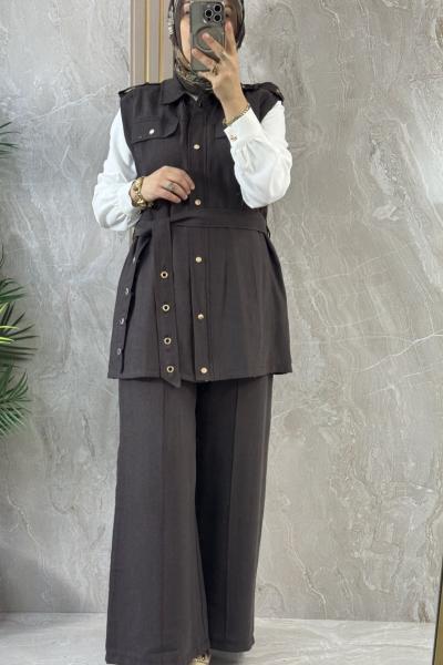 YELEKLİ ÜÇLÜ TAKIM Kahverengi