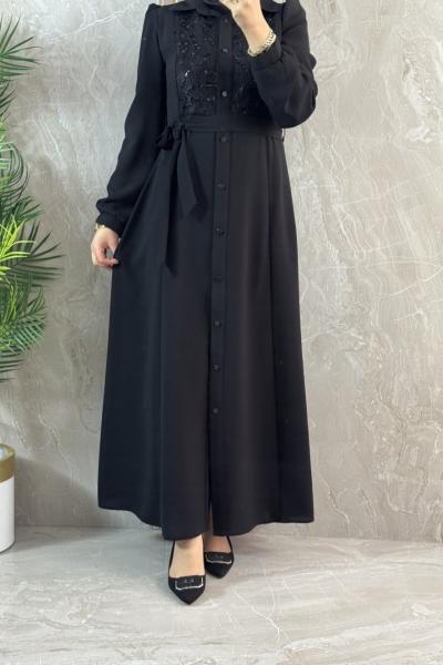 ÖNÜ BONCUKLU ŞIK ELBİSE  Siyah