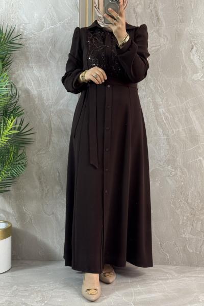 ÖNÜ BONCUKLU ŞIK ELBİSE  Acı Kahve