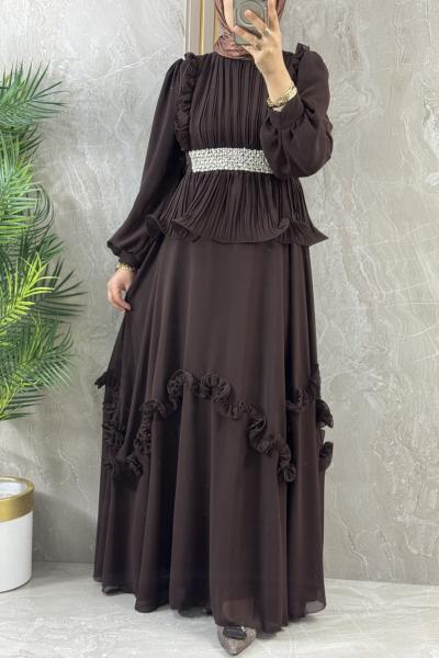 ABİYE ELBİSE KUŞAK TAŞ DETAYLI Kahverengi