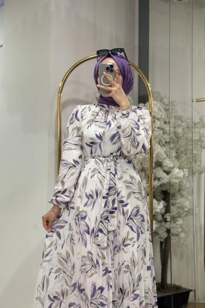 330192 DESENLİ ŞİFON ELBİSE Lila