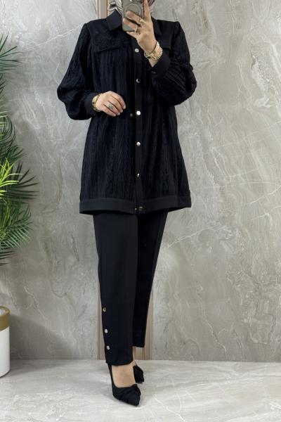 ÖNÜ ÇITÇITLI PİLİSELİ TAKIM PANTOLONLU Siyah