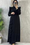 İŞLEME DETAYLI ETEK KISMI FIRFIRLI ABİYE Siyah