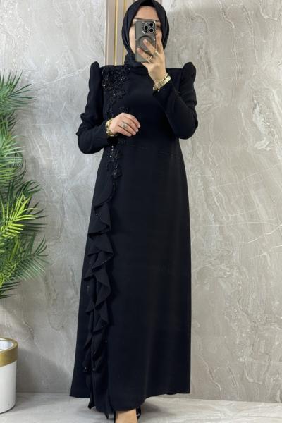 İŞLEME DETAYLI ETEK KISMI FIRFIRLI ABİYE Siyah