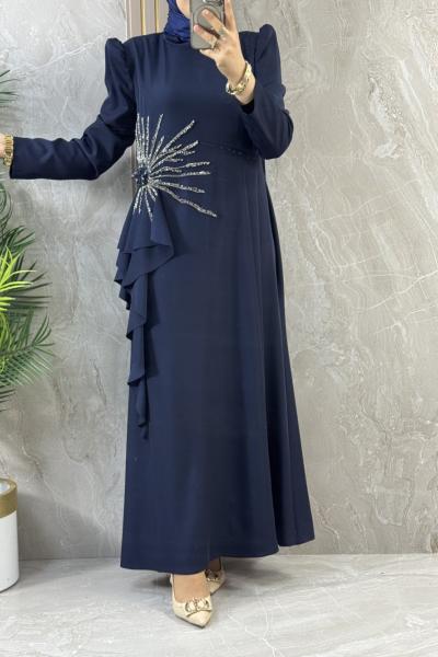 TAŞ İŞLEMELİ FIRFIRLI ABİYE Lacivert