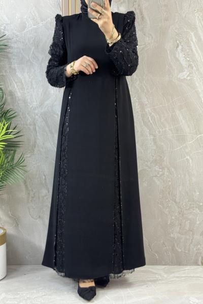 DANTEL VE BONCUK İŞLEMELİ ABİYE Siyah
