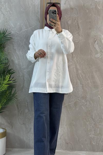 BONCUK NAKIŞ DETAYLI GÖMLEK Beyaz