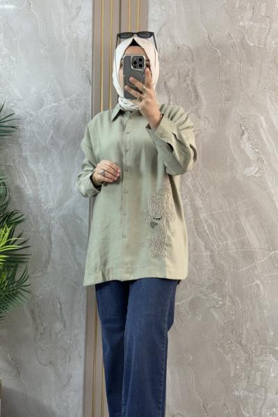 BONCUK NAKIŞ DETAYLI GÖMLEK OLİVE