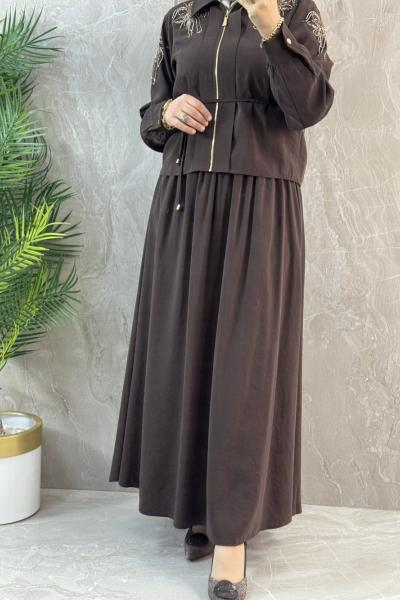 TAŞ DETAYLI FERMUARLI ETEKLİ TAKIM Acı Kahve