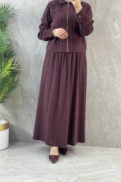 TAŞ DETAYLI FERMUARLI ETEKLİ TAKIM Bordo