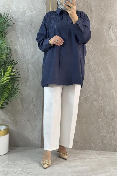 SIRALI BONCUK İŞLEMELİ GÖMLEK Lacivert