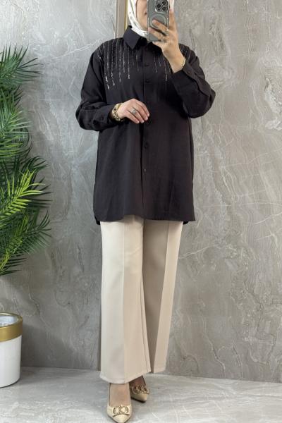 SIRALI BONCUK İŞLEMELİ GÖMLEK Acı Kahve